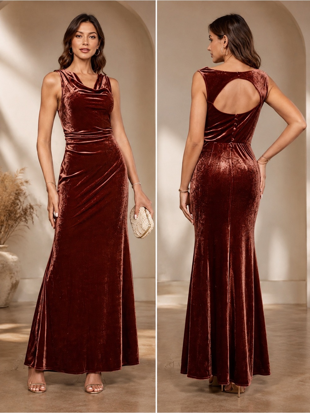 Brownish Red Velvet Cowl Neck Maxi Dress - Picture 4 of 9